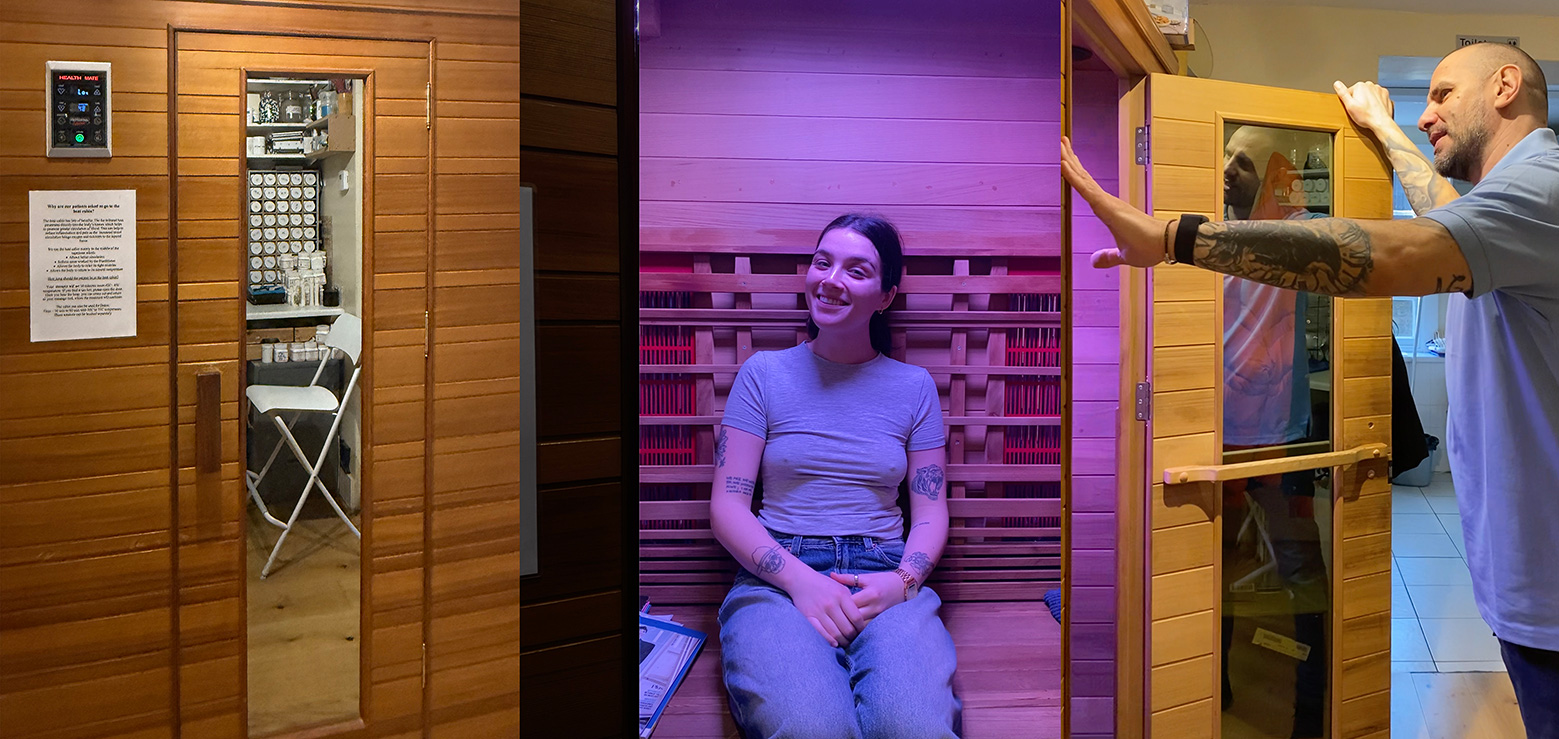 A patient experiencing the heat cabinet at Touch Tuina